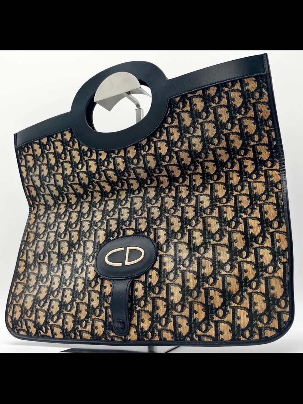 Dior Beige and Black Logo Jacquard Tote with CD Medallion
